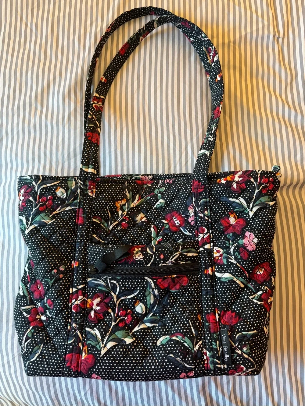 Vera Bradley Floral Black Quilted Small Tote Bag - Perennials Noir Dot pattern